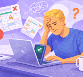Blonde man achter laptop kijkt gefrustreerd naar spreadsheet met ledengegevens en contributies bij het beheren van een vereniging.