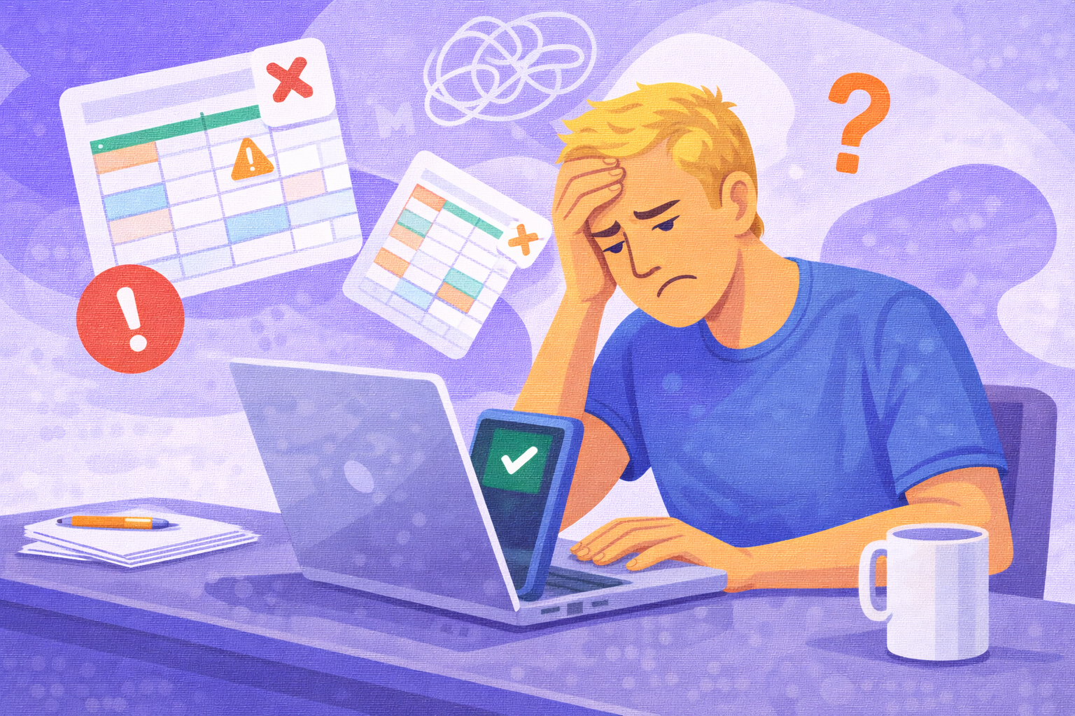 Blonde man achter laptop kijkt gefrustreerd naar spreadsheet met ledengegevens en contributies bij het beheren van een vereniging.