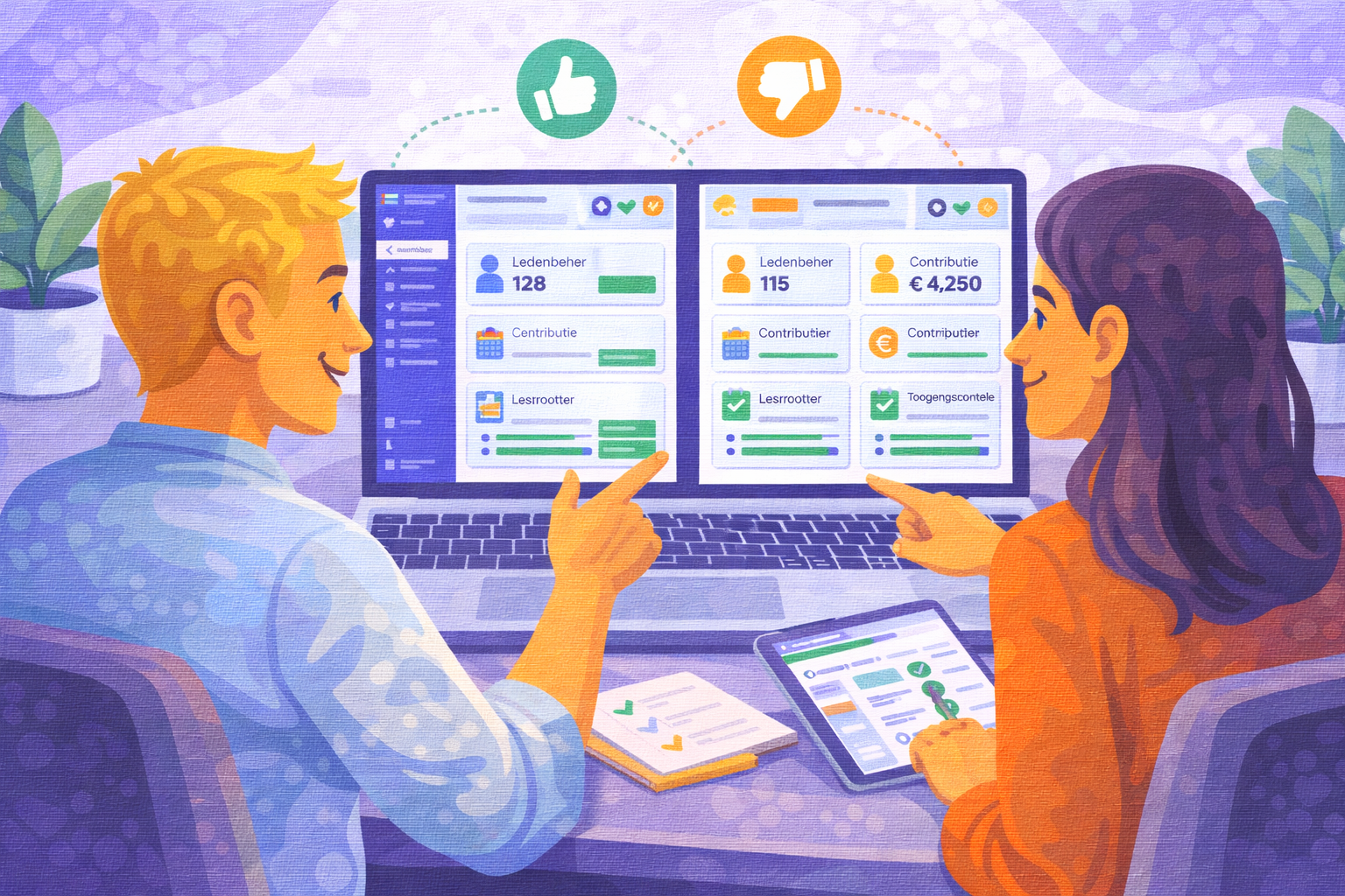 Twee beheerders van een vereniging vergelijken verschillende ledensoftware programma’s
