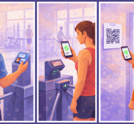 Drieluik illustratie van toegangssystemen voor sportscholen met links een pasjessysteem, in het midden een QR-code scanner met mobiel en rechts een QR-code op de muur zonder scanner