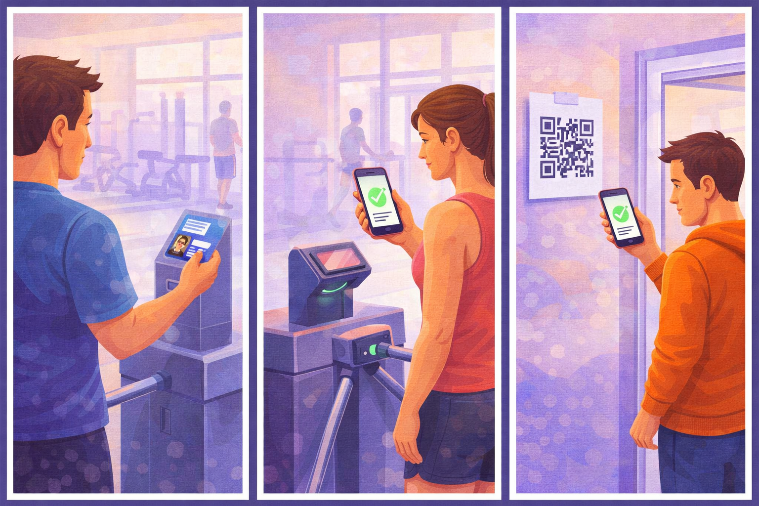 Drieluik illustratie van toegangssystemen voor sportscholen met links een pasjessysteem, in het midden een QR-code scanner met mobiel en rechts een QR-code op de muur zonder scanner