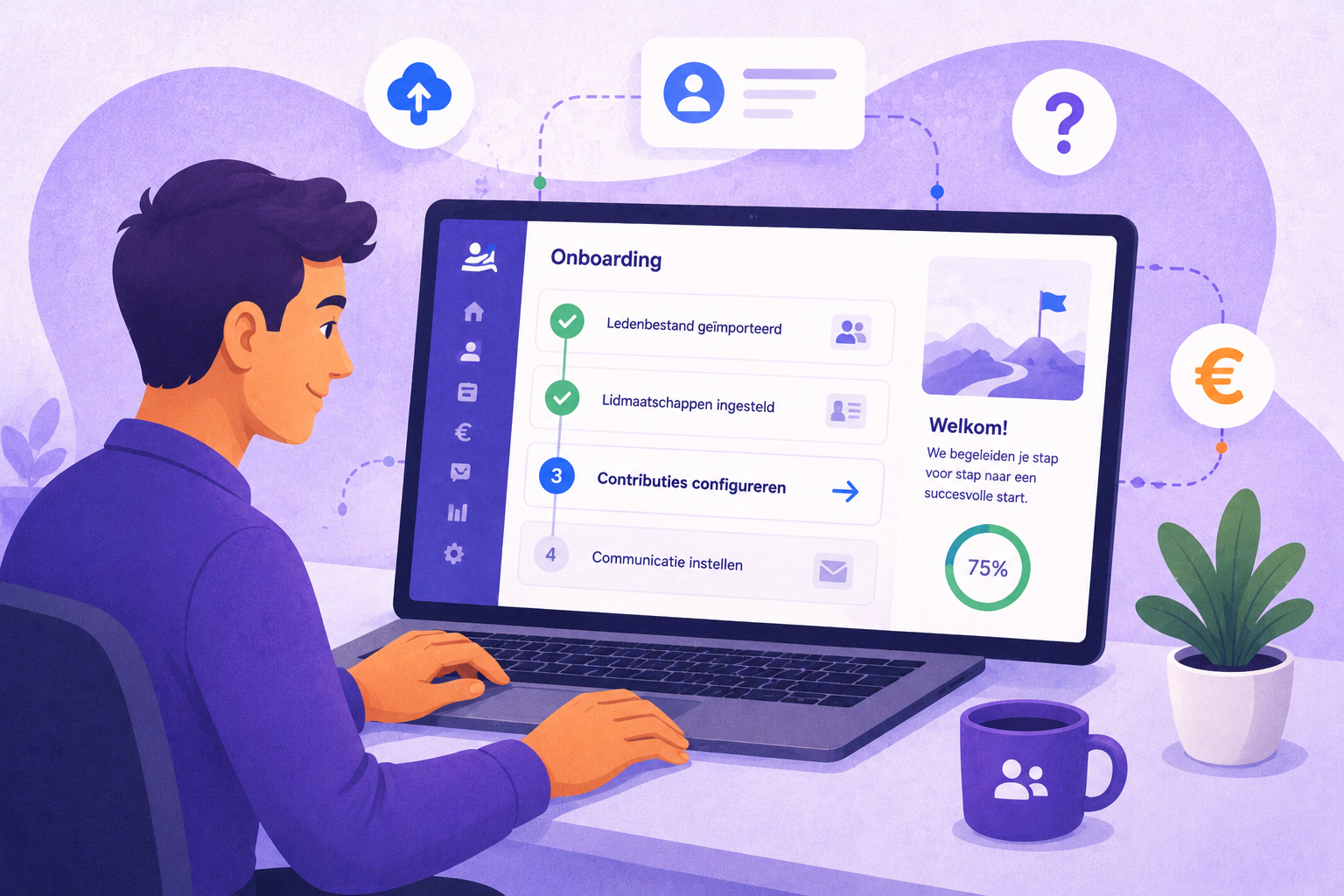 Beheerder wordt stap voor stap begeleid tijdens de digitale onboarding van ledensoftware.